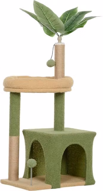 Albero Tiragraffi per Gatti PawHut con Casetta, Lettino e Giocattoli, in Legno e Poliestere, L/P/H: 44 x 30 x 98 cm, Verde e Marrone