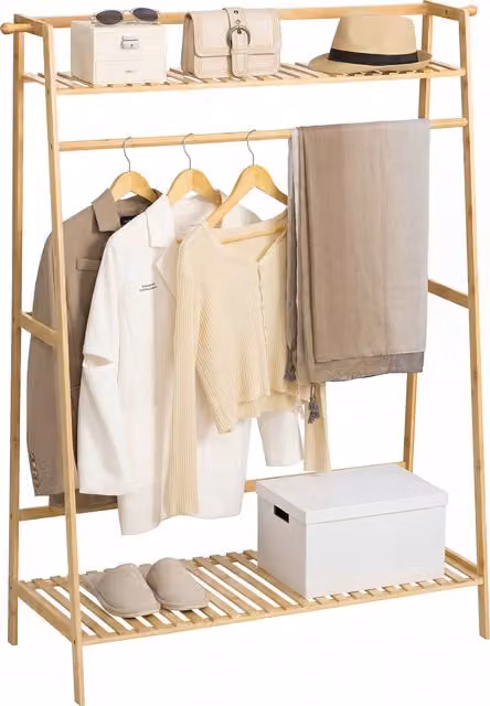 Appendiabiti a forma di albero HOMCOM in bambù color beige e marrone con design minimalista a 2 livelli, barra e ganci, L/P/H: 114 x 40 x 139 cm