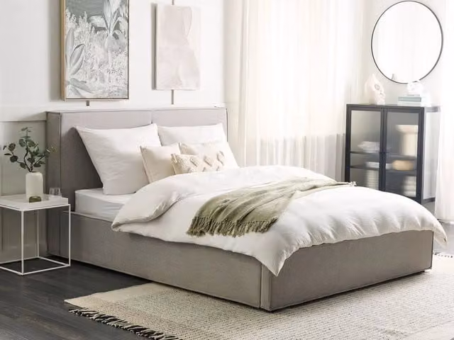 Letto matrimoniale Beliani con contenitore e doghe in legno, rivestimento in tessuto grigio, L/P: 160 x 200 cm