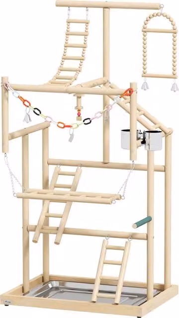 Trespolo per Pappagalli PawHut in Legno Naturale con Giochi, Scale, Catene, Ciotole e Vassoio Rimovibile