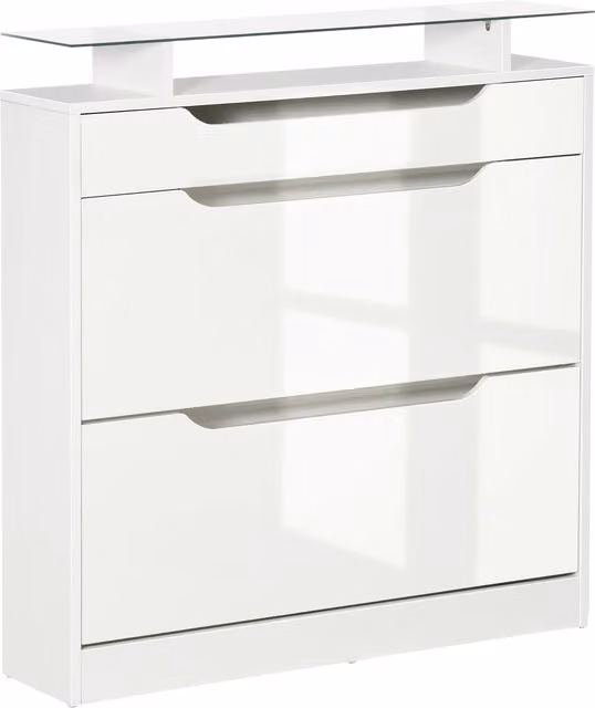 Armadio scarpiera moderna HOMCOM in bianco lucido con 2 cassetti per 16 paia di scarpe, ripiano in vetro e mensole regolabili, L: 89 cm, P: 23 cm, H: 96 cm