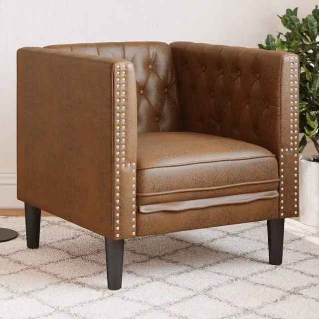 Poltrona Chesterfield in Similpelle Scamosciata Marrone con Braccioli e Struttura in Legno