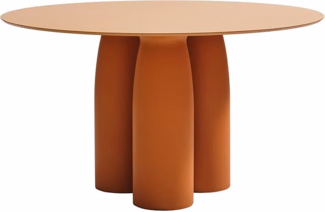 Tavolo rotondo moderno Qeeboo Toto in laminato MDF con base a colonna centrale, disponibile in giallo e arancione, Diametro: 130 cm, Altezza: 74 cm