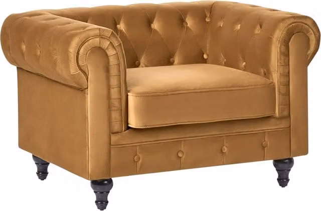 Poltrona Chesterfield Beliani in Velluto Oro con Gambe in Legno di Gomma