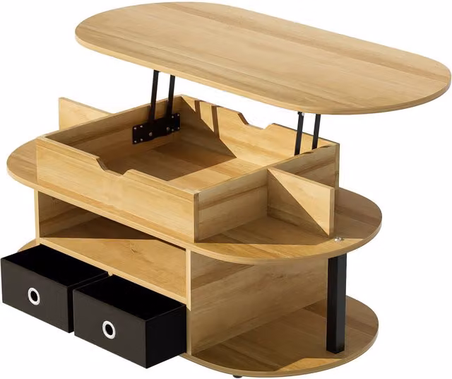 Tavolino da salotto moderno GL Store con piano sollevabile in legno, colore marrone e nero, forma rettangolare