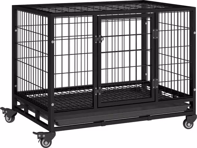 Gabbia per cani PawHut Aosom per interno ed esterno con rotelle, colore nero, L 92 cm x P 62 cm x H 75 cm