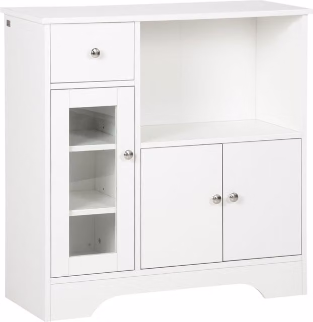 Credenza Buffet HOMCOM in Legno Bianco con Vano Aperto, Cassetto, 3 Ripiani e Armadietto a 2 Ante, L: 80 cm, P: 30 cm, H: 82 cm