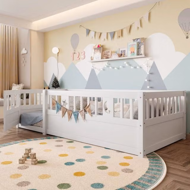 Letto singolo per bambini MIVRAY in legno bianco con decorazioni a stelle e luna, L/P/H: 90 x 190 x 96 cm